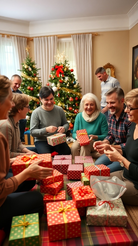 Adults exchanging gifts at a Christmas party, surrounded by decorations and a Christmas tree.